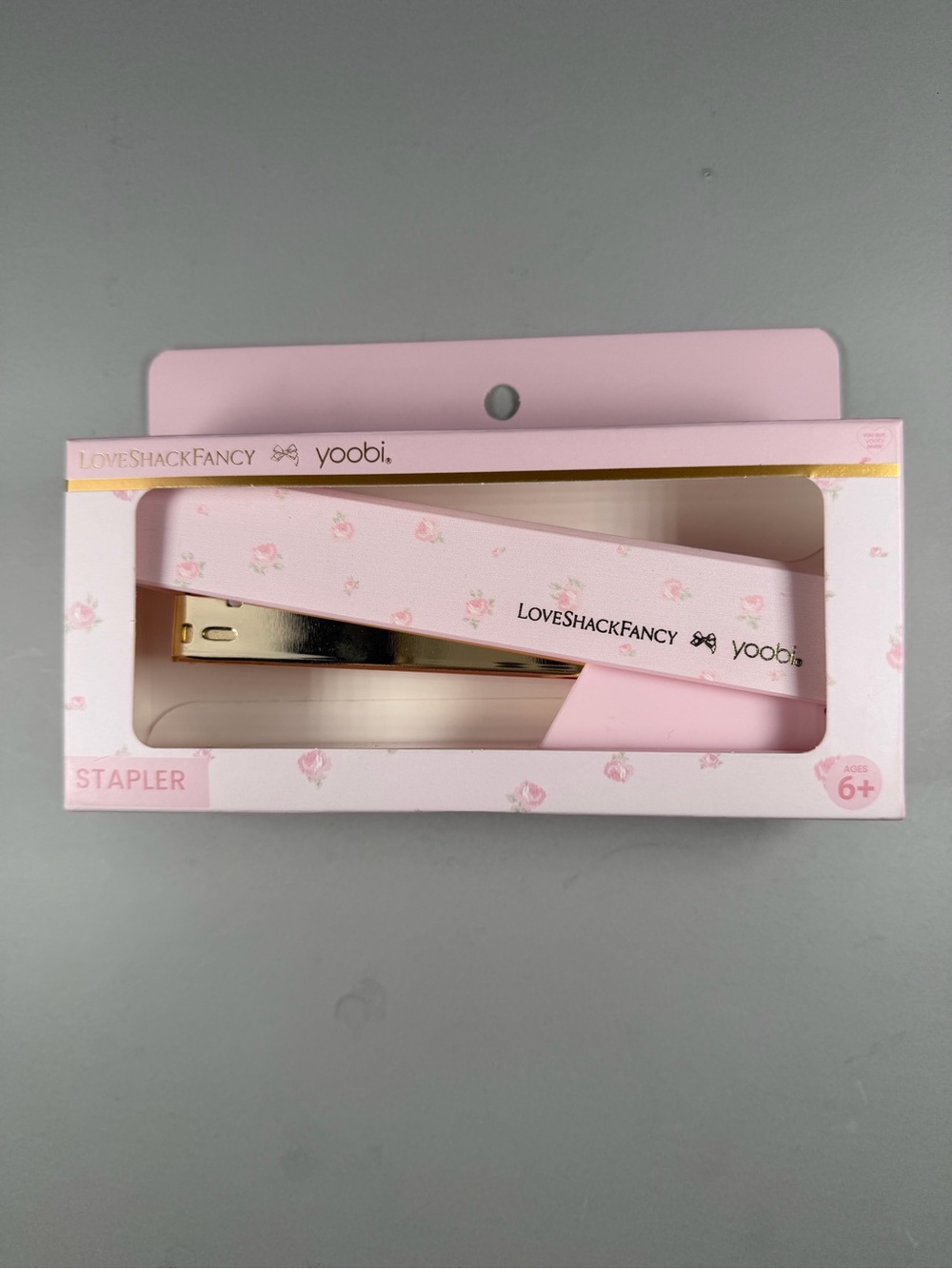 LoveShackFancy x Target - yoobi Pink Floral Desktop Stapler with Gold Accents